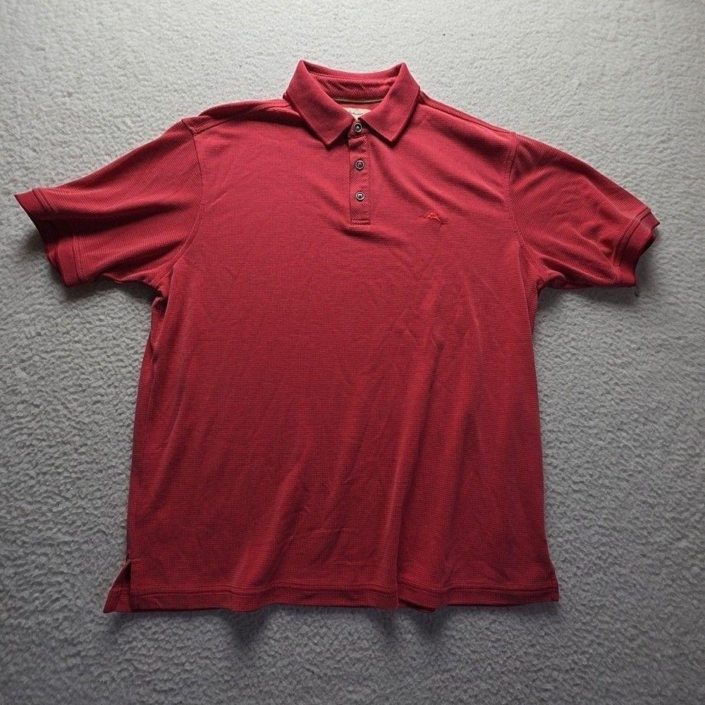 Tommy Bahama Polo Shirt Mens L Red Check Short Sleeve Modal Knit Top Marlin Logo